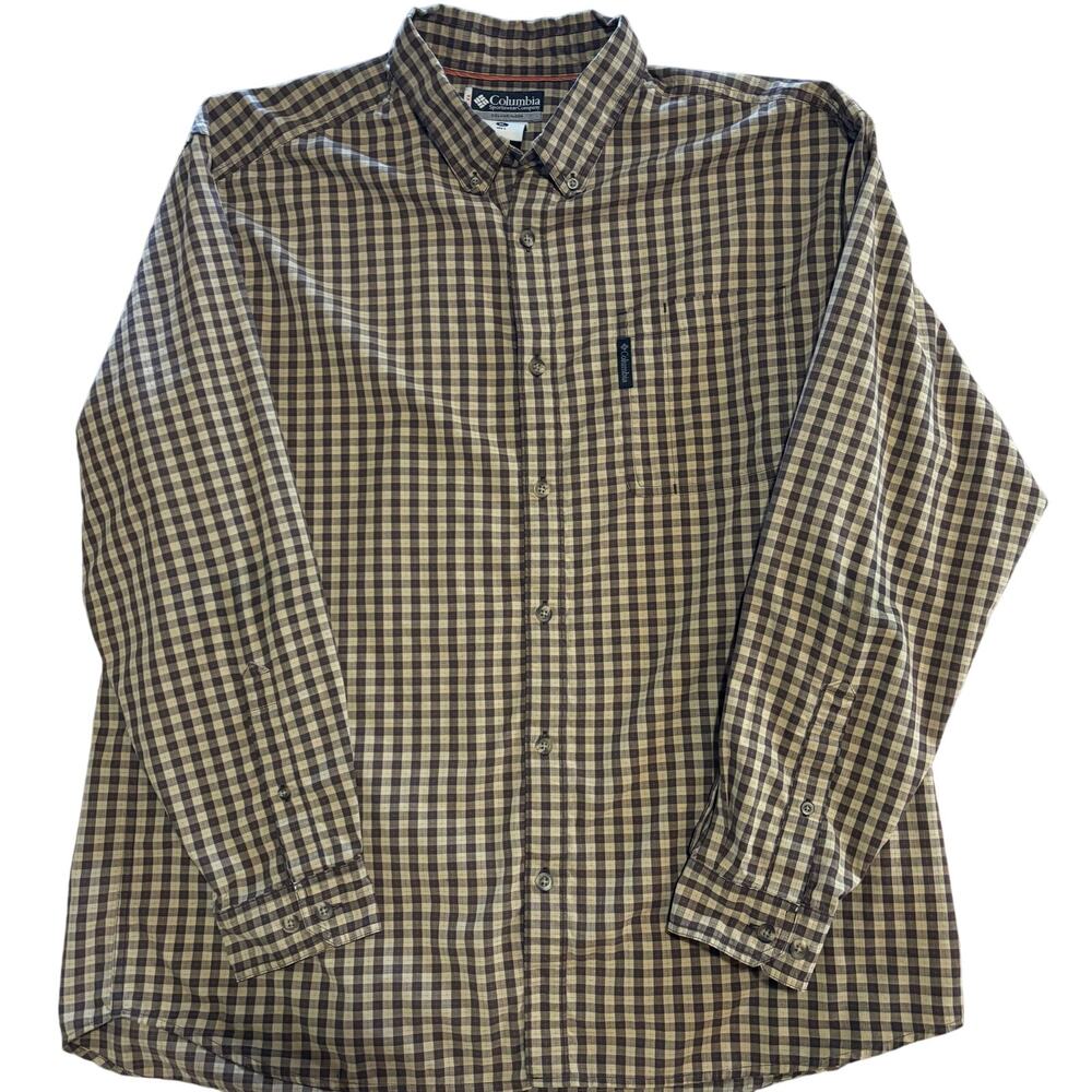 Columbia XCO XL Shirt Tan and Brown Plaid Long Sleeve Button Front Mens